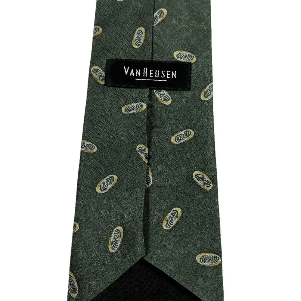 Van Heusen Green Silk Necktie Cream Geometric Accents Men’s 59